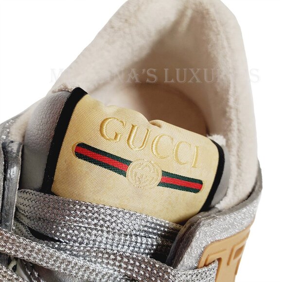 GUCCI SNEAKERS MENS ULTRAPACE SILVER LEATHER SHOES w LOGO - Picture 10 of 15